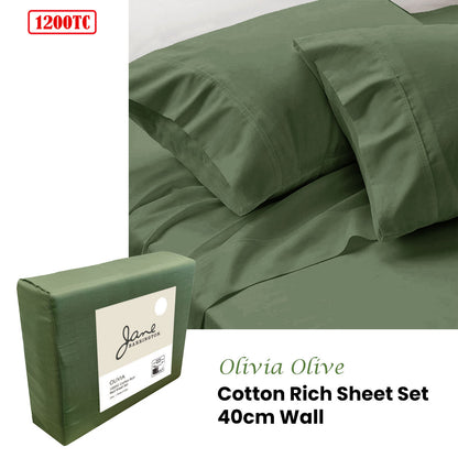 Jane Barrington 1200TC Olivia Cotton Rich Sheet Set 40cm Wall Olive Queen