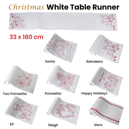 Christmas Print White Table Runner 33 x 180cm Poinsettia