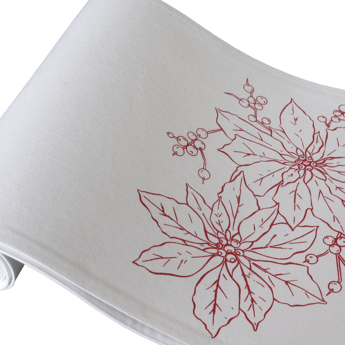 Christmas Print White Table Runner 33 x 180cm Two Poinsettia