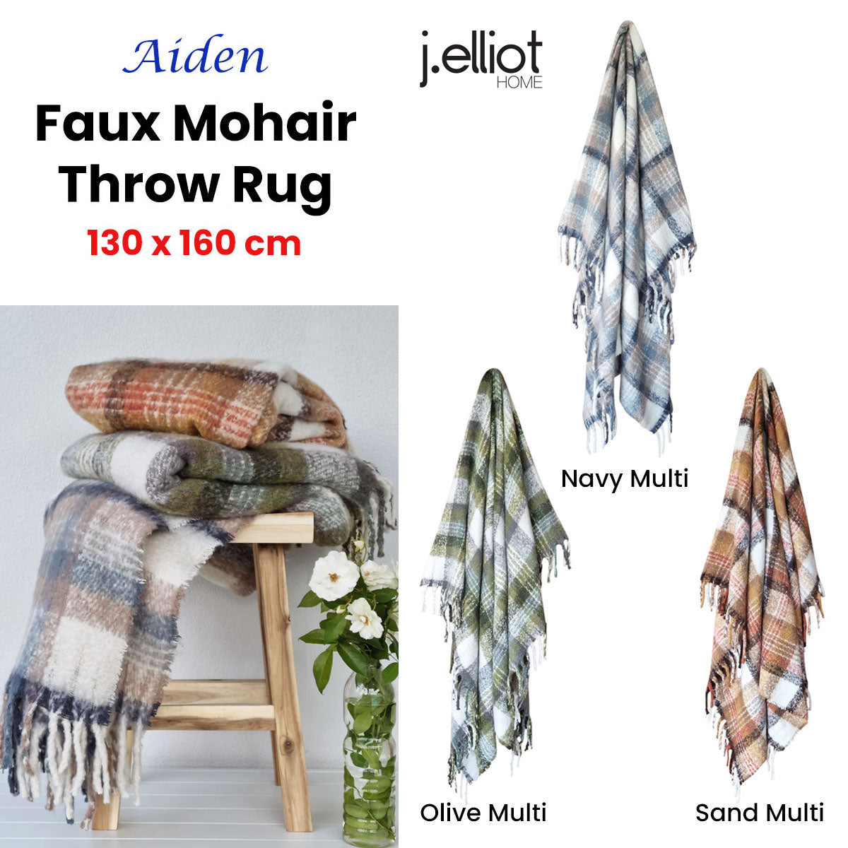 J Elliot Home Aiden Olive Multi Faux Mohair Throw Rug with Fringe 130 x 160cm