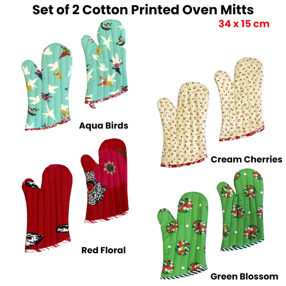 Set of 2 100% Cotton Printed Oven Mitts 34 x 15 cm Cream Cherries