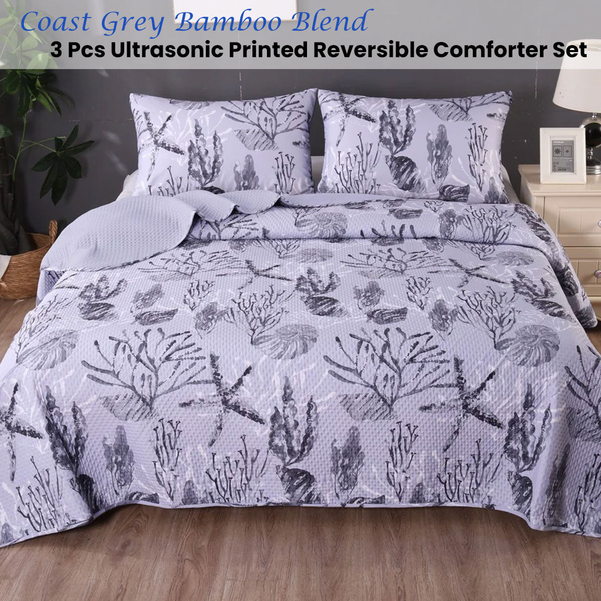 Ramesses Coast Grey 3 Pcs Bamboo Blend Ultrosonic Reversible Comforter Set King