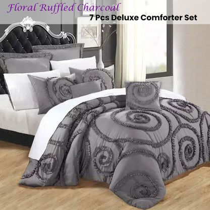 Ramesses Floral Ruffled Charcoal 7 Pcs Deluxe Comforter Set King