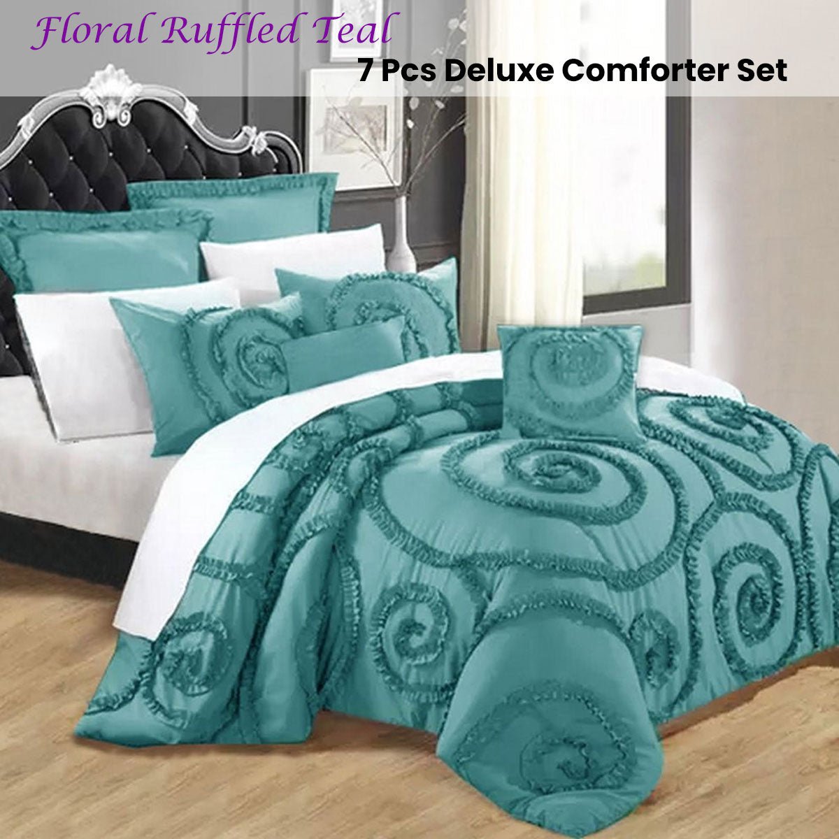 Ramesses Floral Ruffled Teal 7 Pcs Deluxe Comforter Set Queen