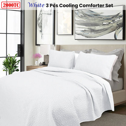 Shangri La 2000TC White Cooling Embroidered 3 Pcs Comforter Set King