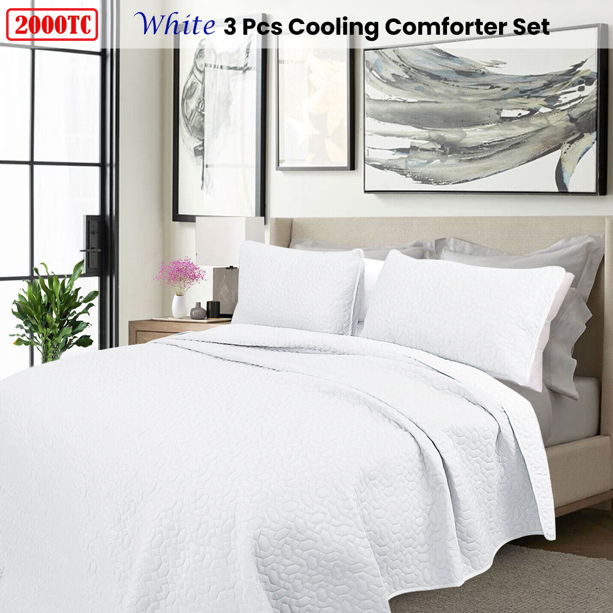 Shangri La 2000TC White Cooling Embroidered 3 Pcs Comforter Set Queen