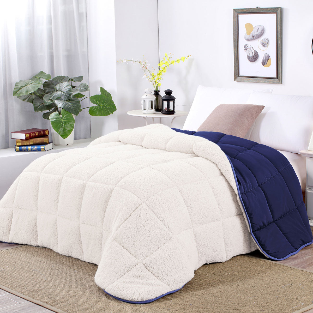 Shangri La Blue Depth Sherpa Fleece Reversible 3 Pcs Comforter Set Queen