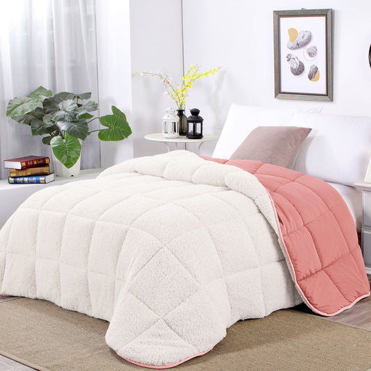 Shangri La Rose Tan Sherpa Fleece Reversible 3 Pcs Comforter Set Double