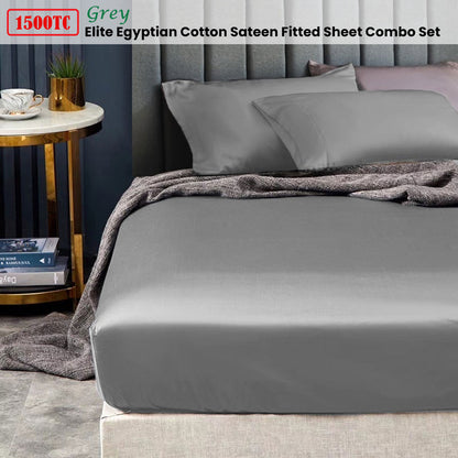 Ramesses 1500TC Elite Egyptian Cotton Sateen Fitted Sheet Combo Set Grey King