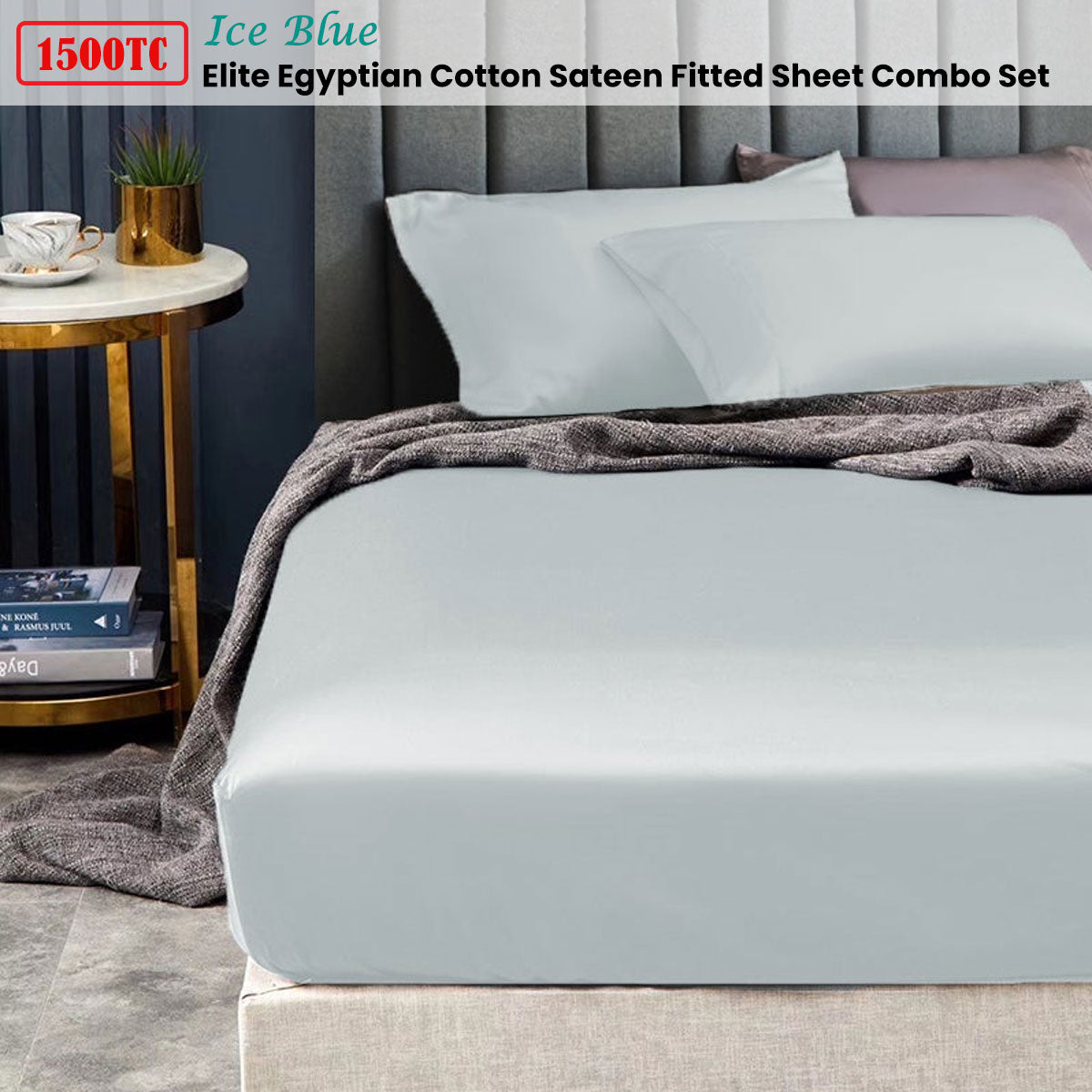 Ramesses 1500TC Elite Egyptian Cotton Sateen Fitted Sheet Combo Set Ice Blue Single