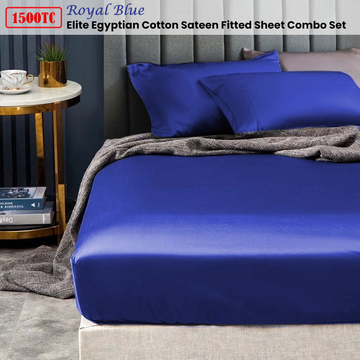 Ramesses 1500TC Elite Egyptian Cotton Sateen Fitted Sheet Combo Set Royal Blue Mega King