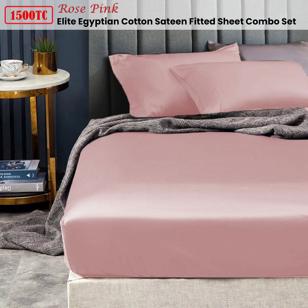 Ramesses 1500TC Elite Egyptian Cotton Sateen Fitted Sheet Combo Set Rose Pink Queen