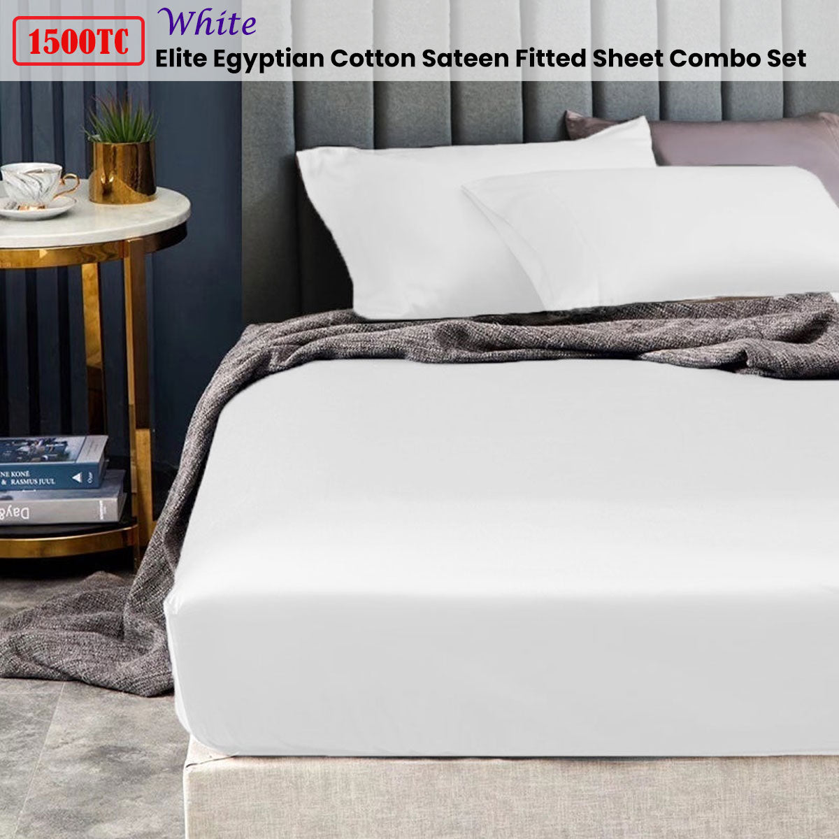 Ramesses 1500TC Elite Egyptian Cotton Sateen Fitted Sheet Combo Set White Double