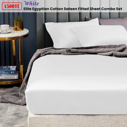 Ramesses 1500TC Elite Egyptian Cotton Sateen Fitted Sheet Combo Set White Mega Queen