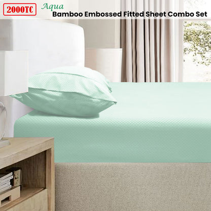 Ramesses 2000TC Bamboo Embossed Fitted Sheet Combo Set Aqua King