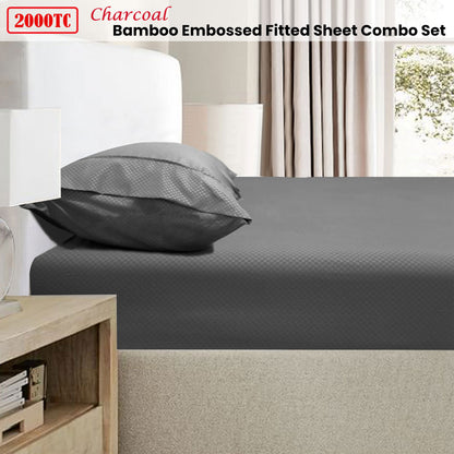 Ramesses 2000TC Bamboo Embossed Fitted Sheet Combo Set Charcoal King Single