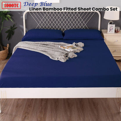 Ramesses 1000TC Linen Bamboo Fitted Sheet Combo Set Deep Blue Single