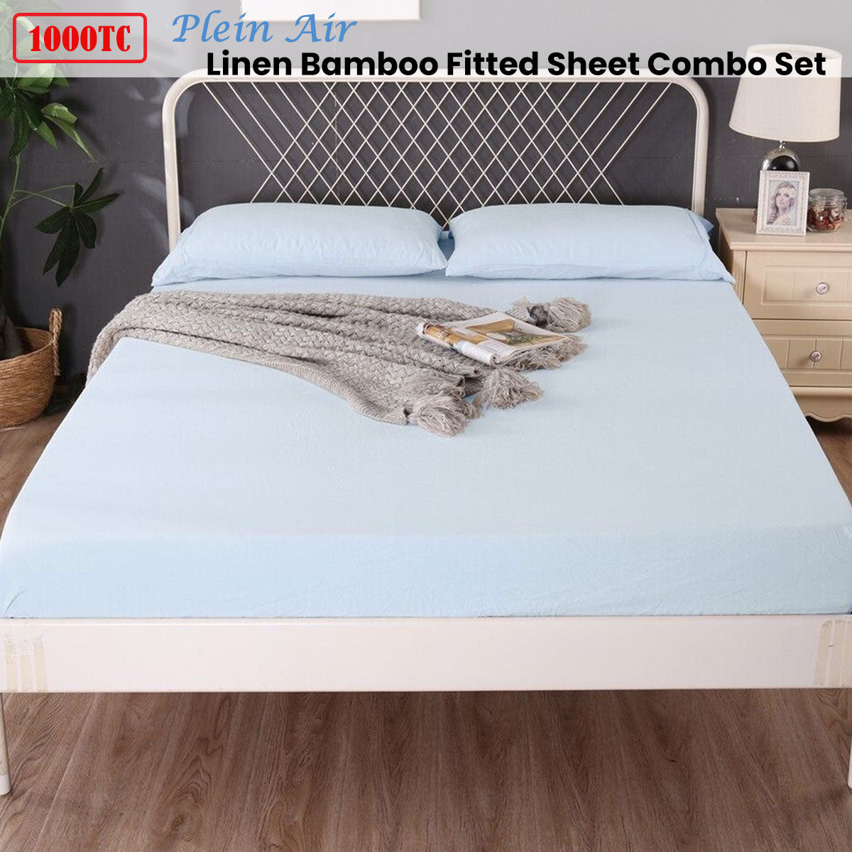 Ramesses 1000TC Linen Bamboo Fitted Sheet Combo Set Plein Air King Single