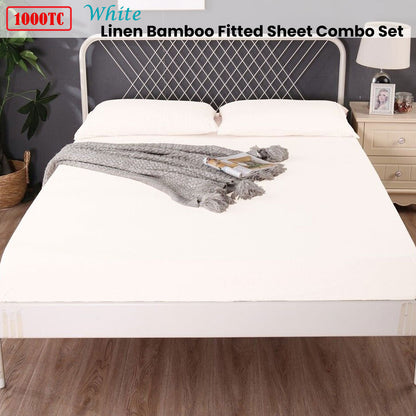 Ramesses 1000TC Linen Bamboo Fitted Sheet Combo Set White Single