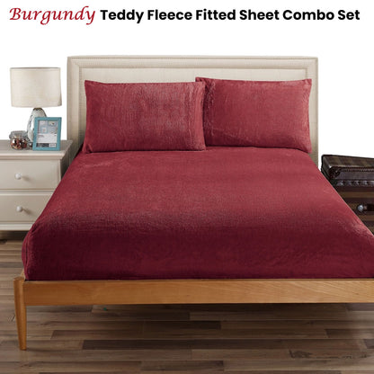 Ramesses Teddy Fleece Fitted Sheet Combo Set Burgundy Double