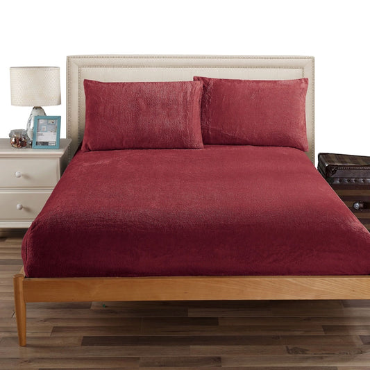 Ramesses Teddy Fleece Fitted Sheet Combo Set Burgundy Single