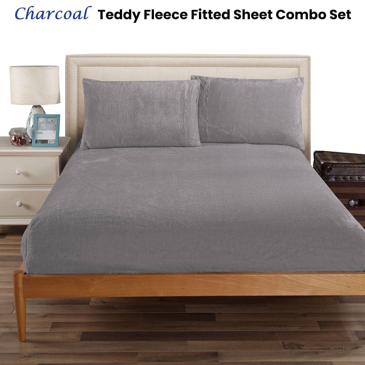 Ramesses Teddy Fleece Fitted Sheet Combo Set Charcoal Single