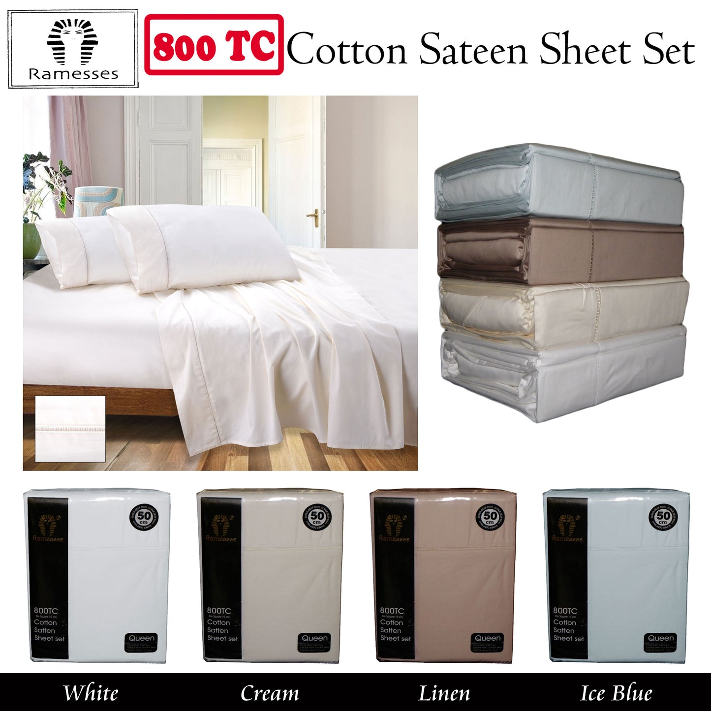 800TC Ramesses Cotton Sateen Sheet Set Cream King