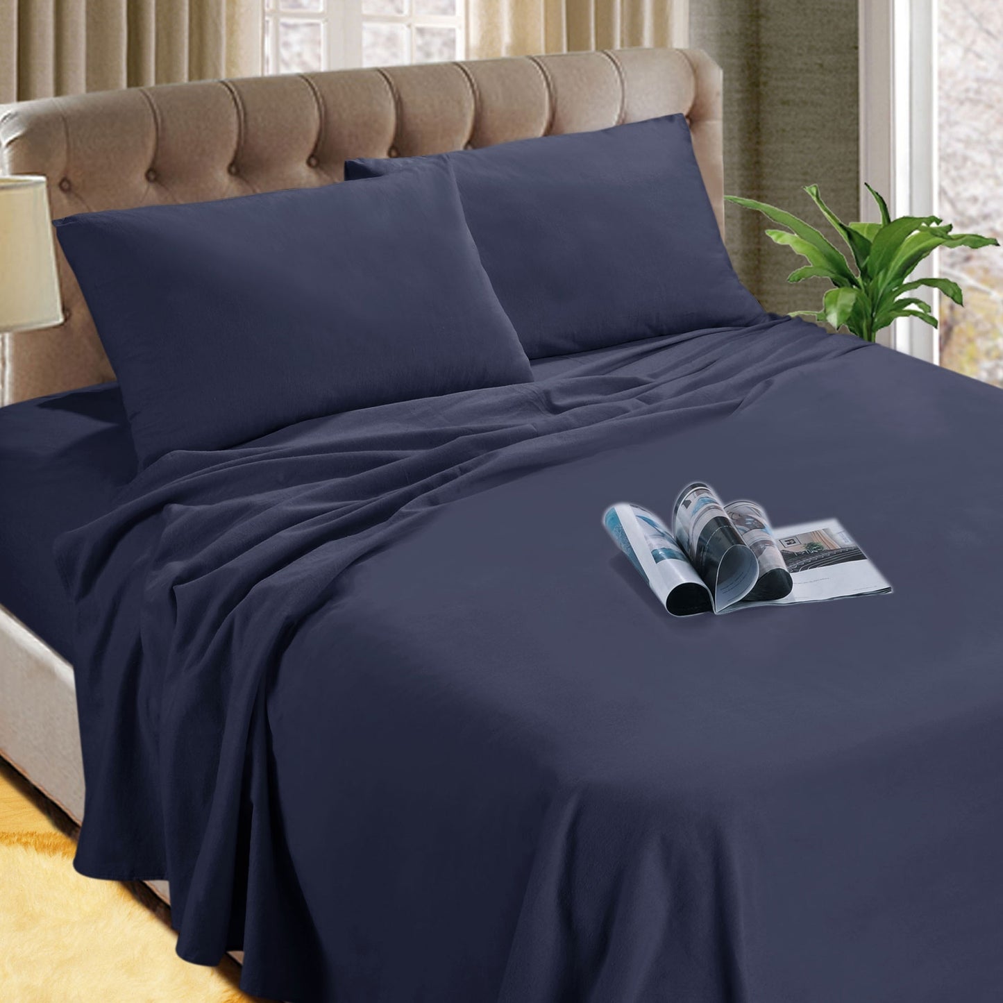 Kingtex Micro Flannelette Sheet Set 40 cm Wall Denim Queen