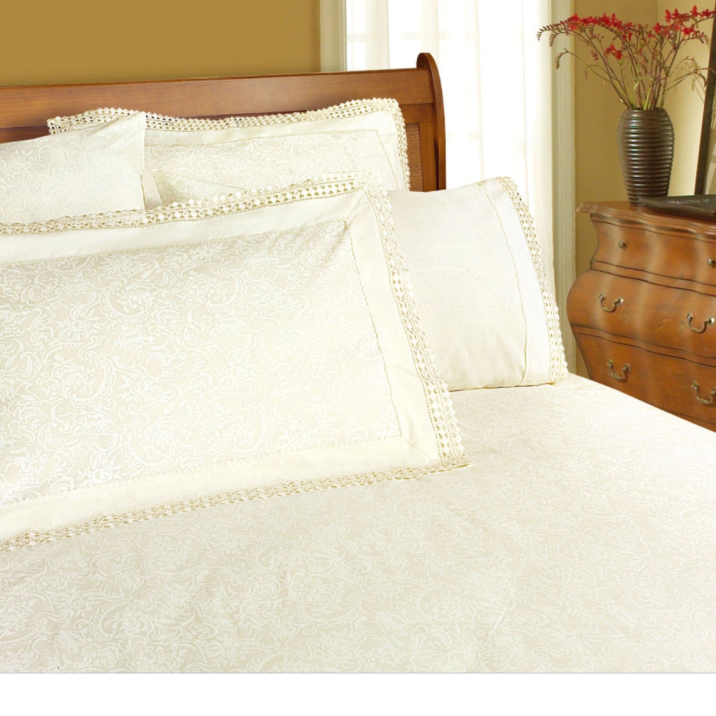 Shangri La Microfibre Machine Lace Sheet Set Cream Queen