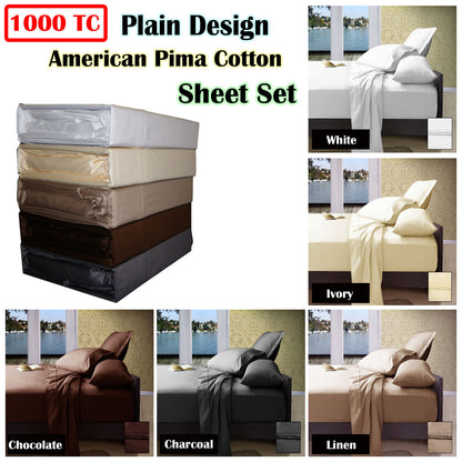 Ramesses 1000TC American Pima Cotton Plain Design Sheet Set Ivory Queen