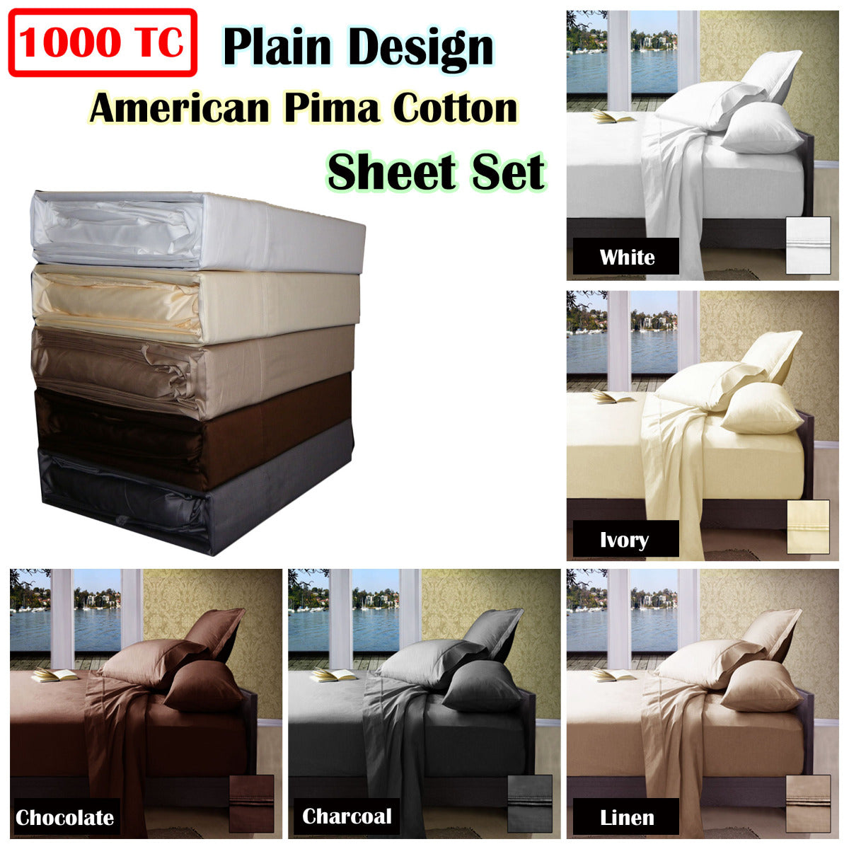 Ramesses 1000TC American Pima Cotton Plain Design Sheet Set Linen King