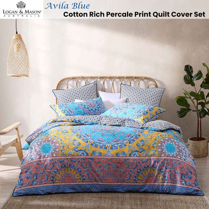 Logan and Mason Avila Blue Cotton Rich Percale Reversible Quilt Cover Set King