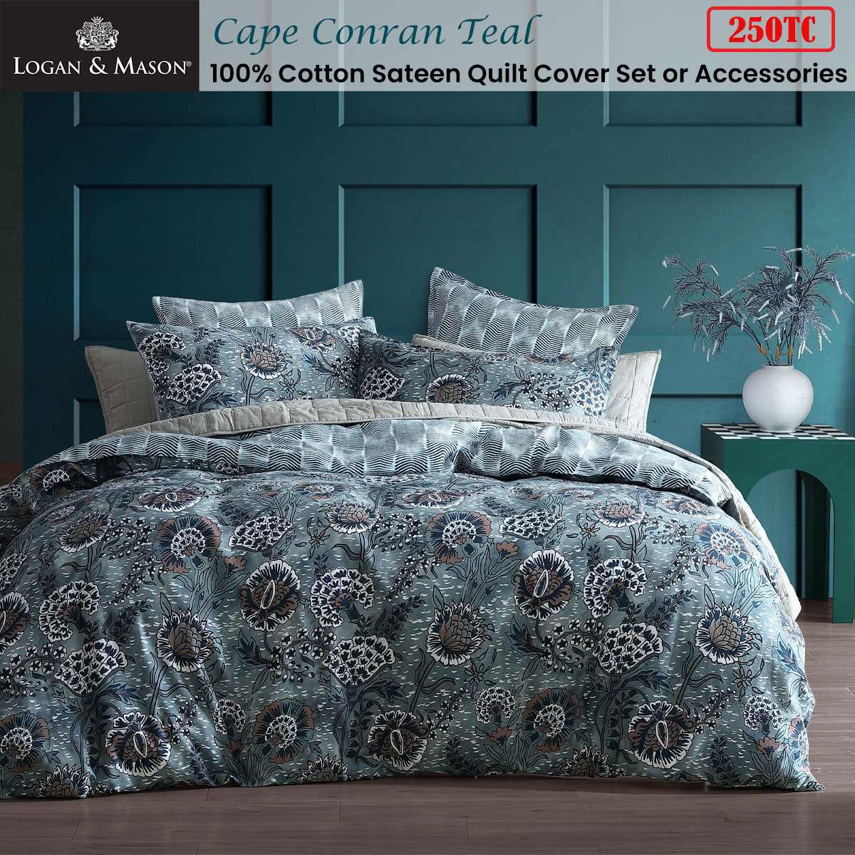 Logan & Mason Cape Conran Teal 250TC 100% Cotton Sateen Quilt Cover Set Super King