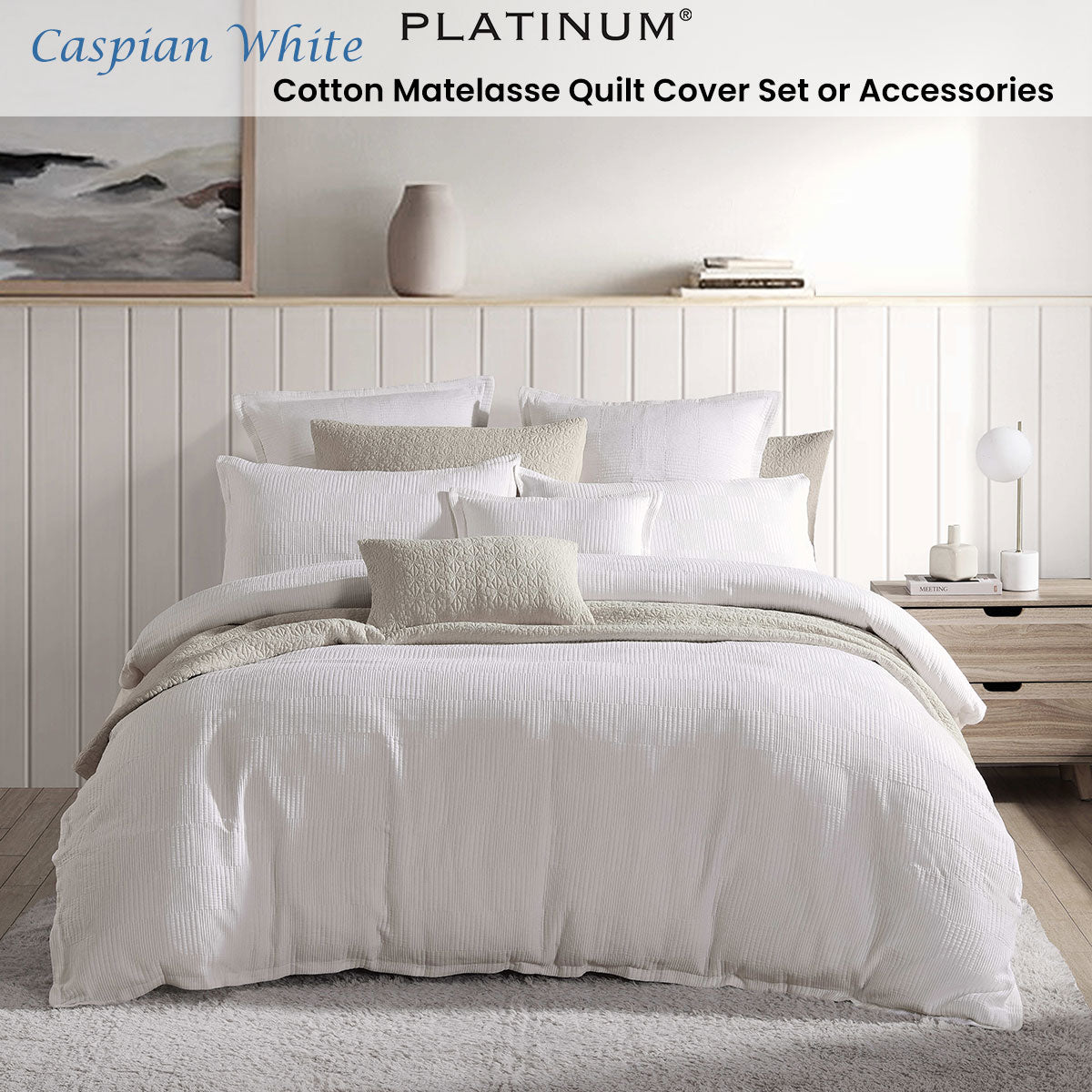 Platinum Collection Caspian White Cotton Matelasse Quilt Cover Set King