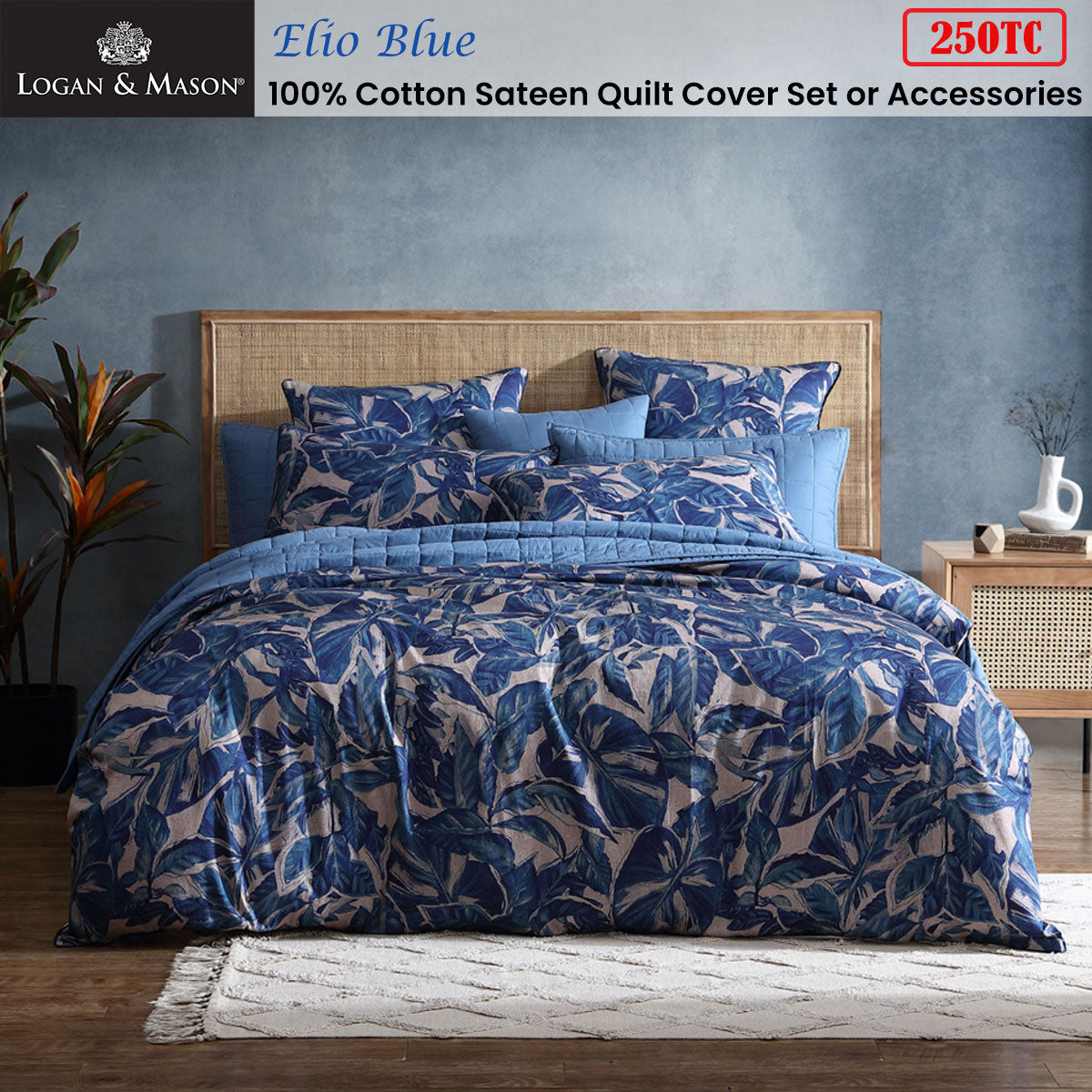 Logan & Mason Elio Blue 250TC 100% Cotton Sateen Quilt Cover Set King