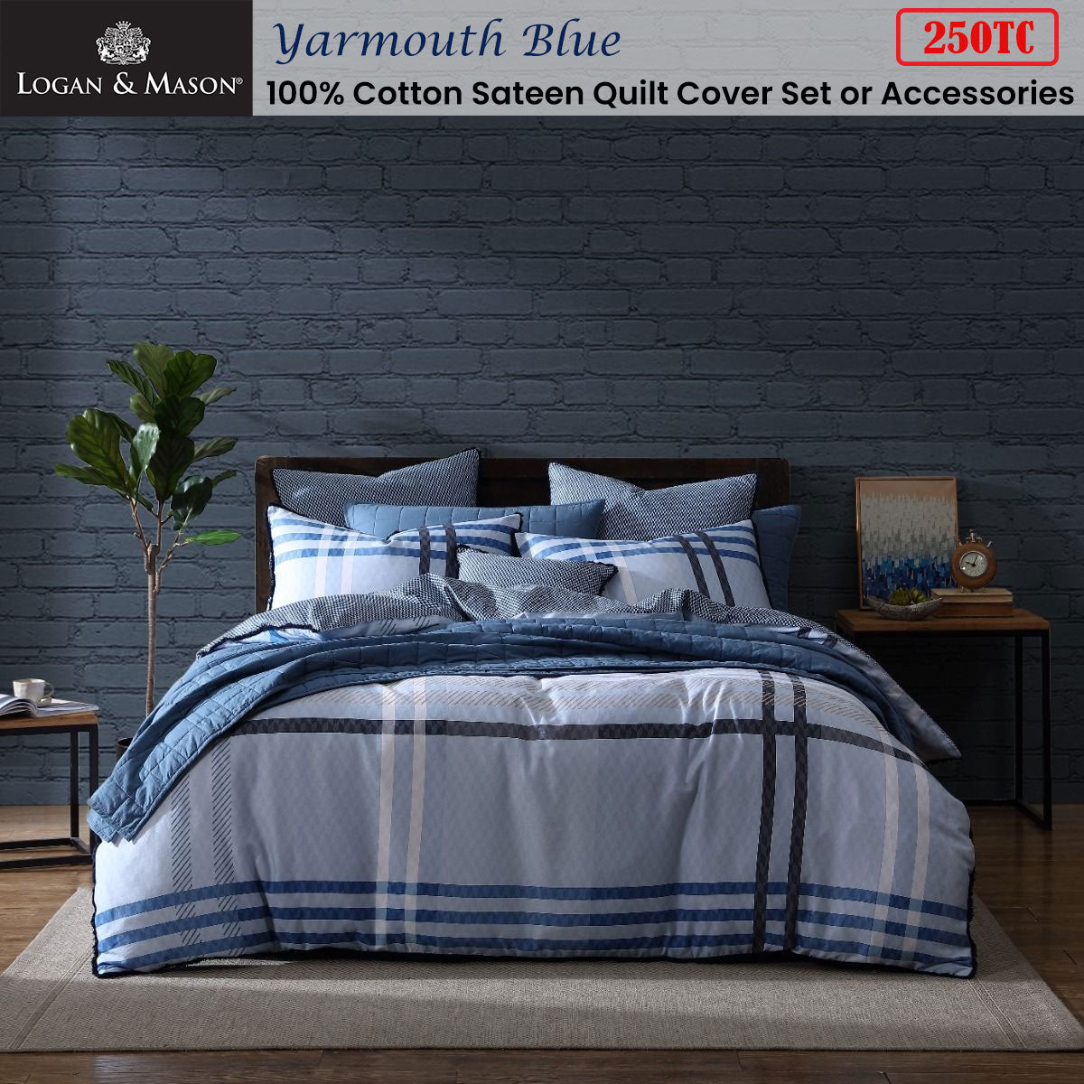 Logan & Mason Yarmouth Blue 250TC 100% Cotton Sateen Quilt Cover Set King