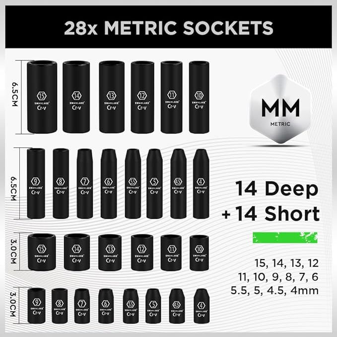 SWANLAKE 1/4" Drive Impact Socket Set, 56-Piece Standard SAE (5/32 to 9/16 inch) and Metric (4-15mm) Size, 6 Point, Cr-V, 1/4-Inch Drive Ratchet Handle, Drive Extension Bar, Impact Universal Joint