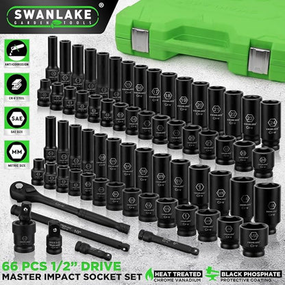 SWANLAKE 1/2" Drive Impact Socket Set, 66-Piece Standard SAE (3/8"-1-1/4") and Metric (8-24mm) Size, 6 Point, Cr-V, 1/2-Inch Drive Ratchet Handle, Drive Extension Bar, Impact Universal Joint