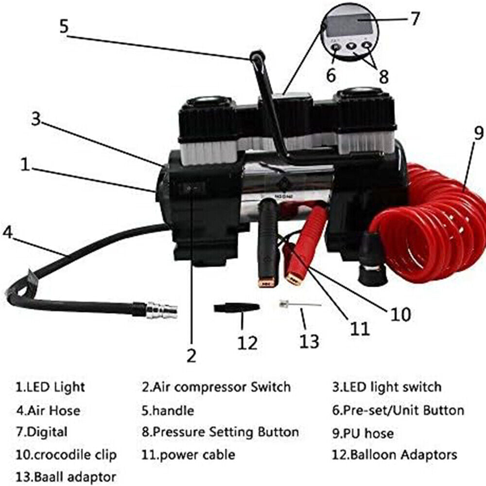 NOONE 12V Digital Gauge Tyre Inflator Air Compressor Tire Pump Tire Inflator