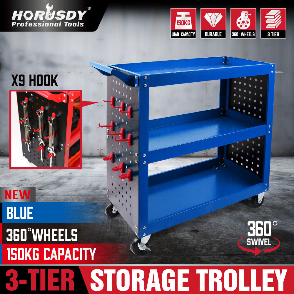 Blue 3-Tier Tool Cart Storage Trolley Toolbox Workshop Garage Organiser 150kg Blue