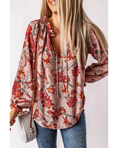 Azura Exchange Printed Split V Neck Blouse - S