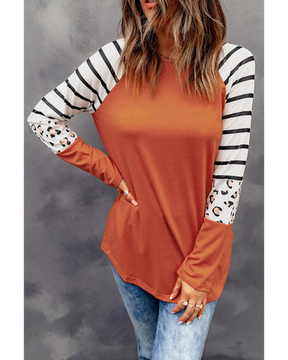 Azura Exchange Animal Print Long Sleeve Top with Striped Colorblock - L