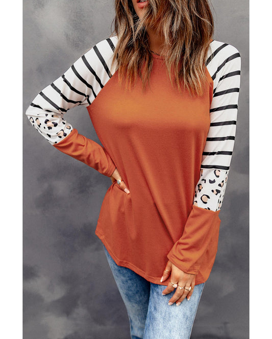 Azura Exchange Animal Print Long Sleeve Top with Striped Colorblock - L