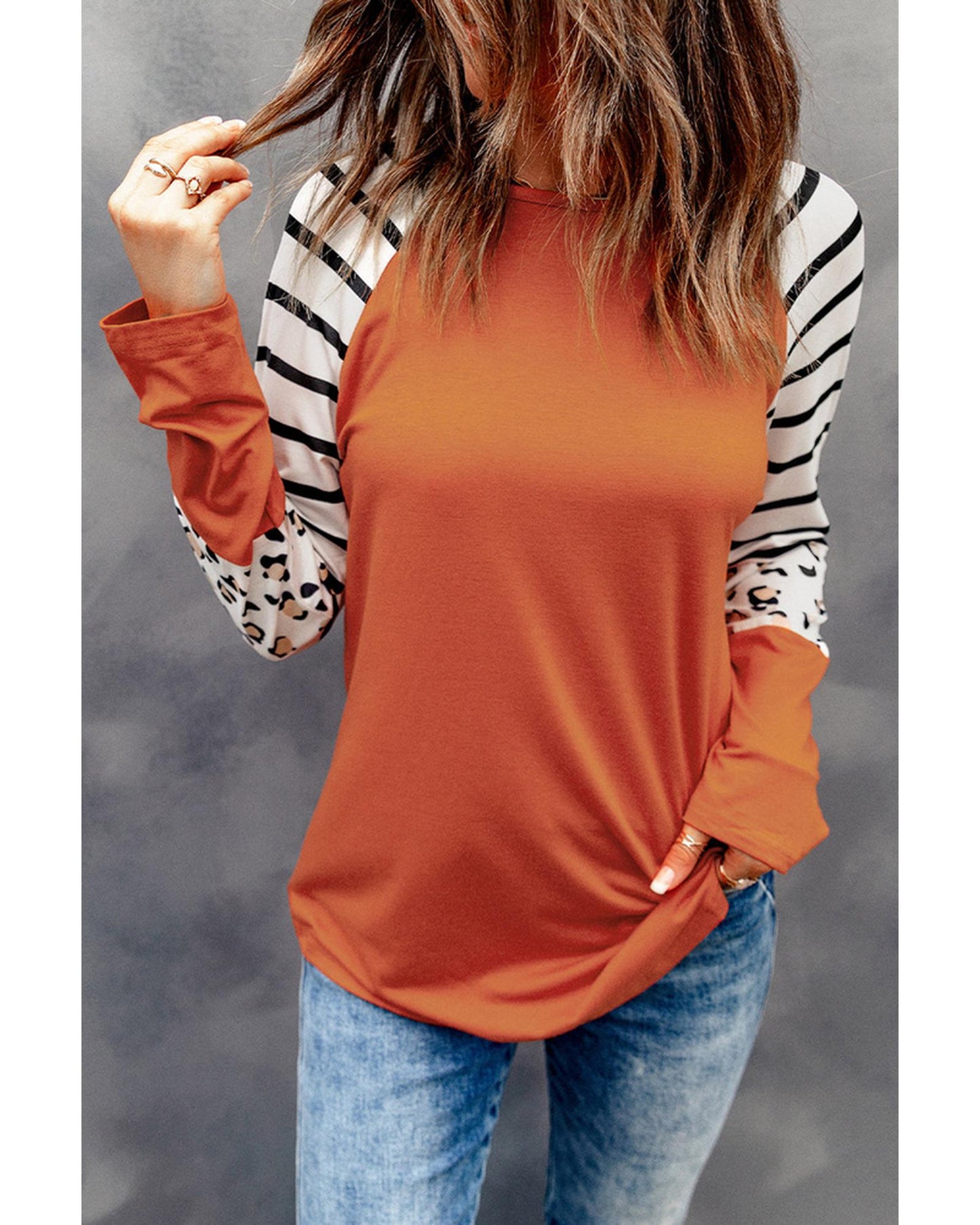 Azura Exchange Animal Print Long Sleeve Top with Striped Colorblock - L