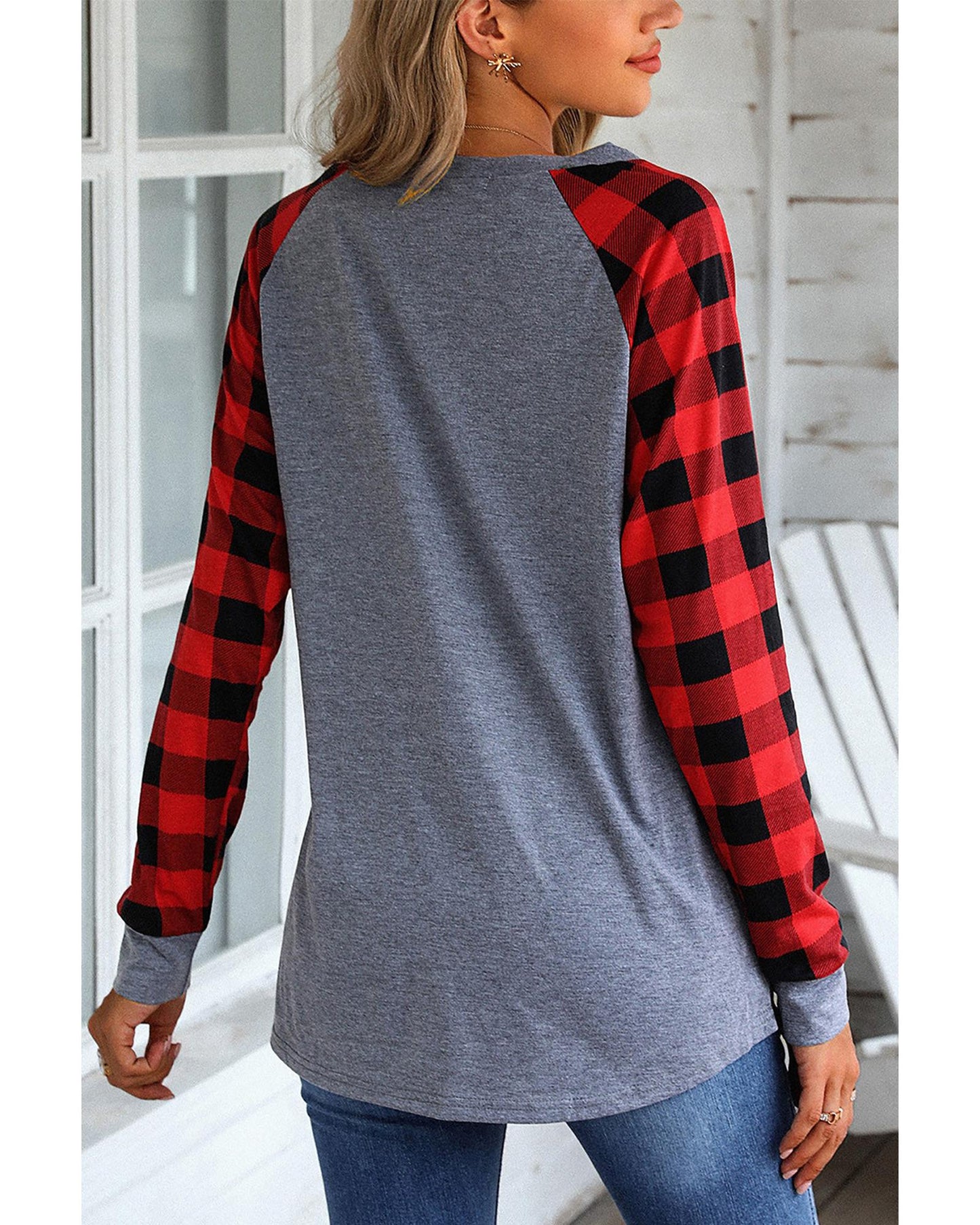 Azura Exchange Raglan Plaid Long Sleeve Top - L