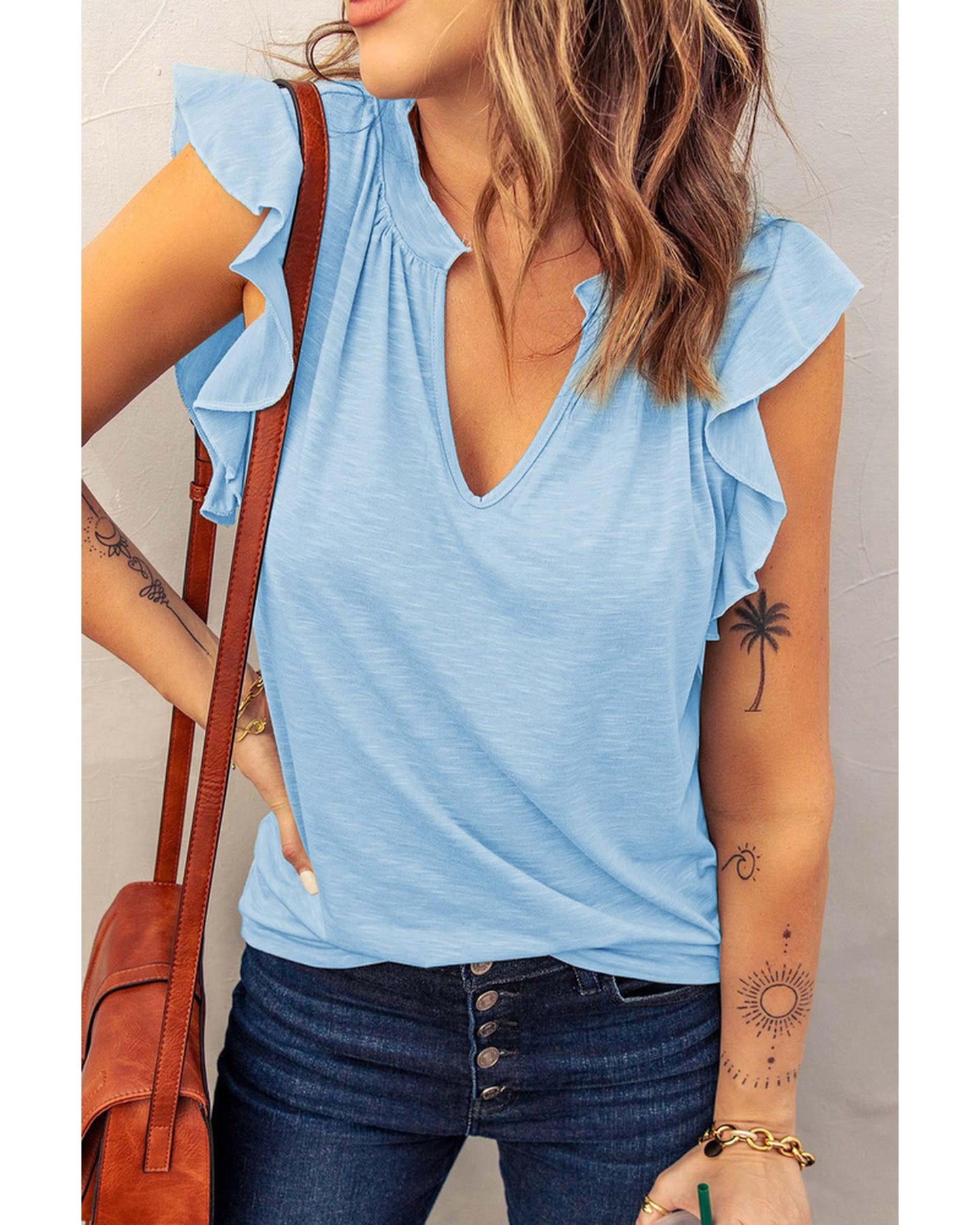 Azura Exchange Solid V Neck Butterfly Sleeve Tee - S