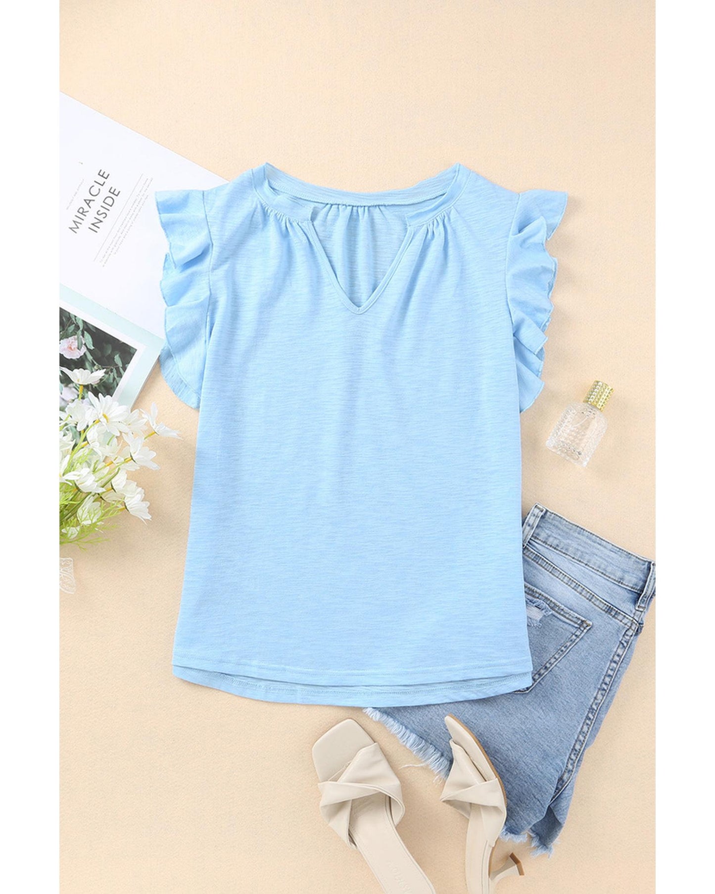 Azura Exchange Solid V Neck Butterfly Sleeve Tee - S