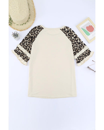 Azura Exchange Leopard Patchwork Ruffled Sleeve Top - M