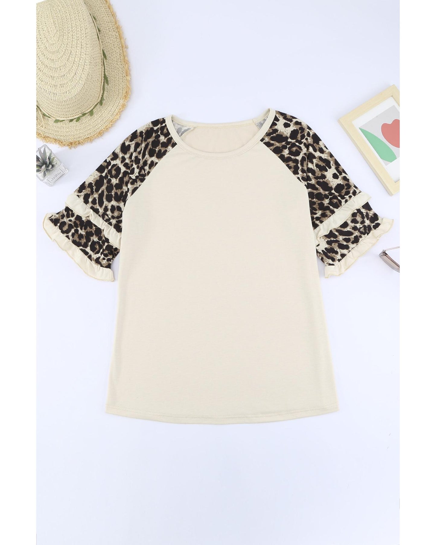 Azura Exchange Leopard Patchwork Ruffled Sleeve Top - S