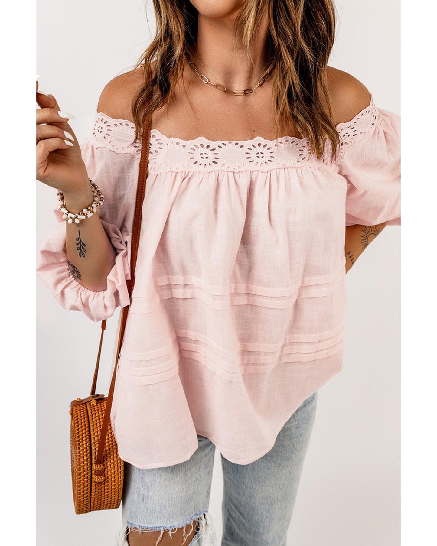 Azura Exchange Puff Sleeve Eyelet Babydoll Blouse - M